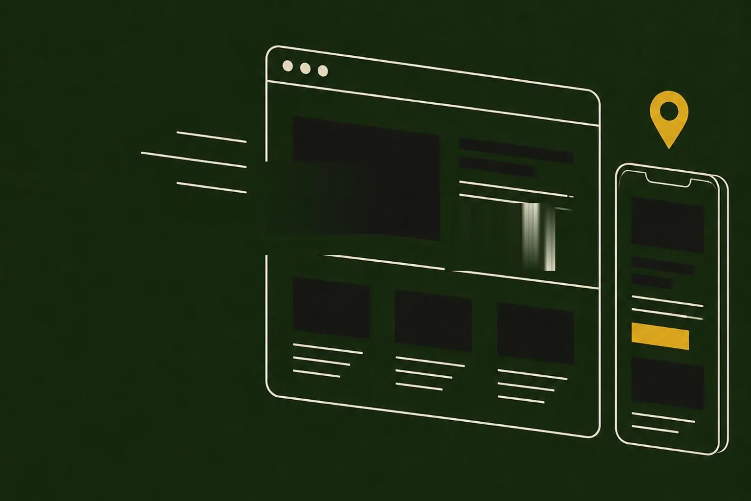 Illustration of a static website window and smartphone loading instantly, with a gold call-to-action button and a local map pin