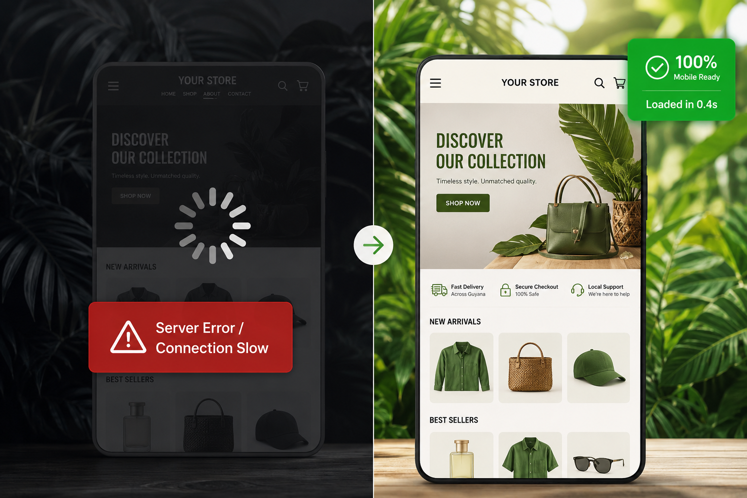 Side-by-side comparison: a broken, slow website versus a fast, reliable static storefront