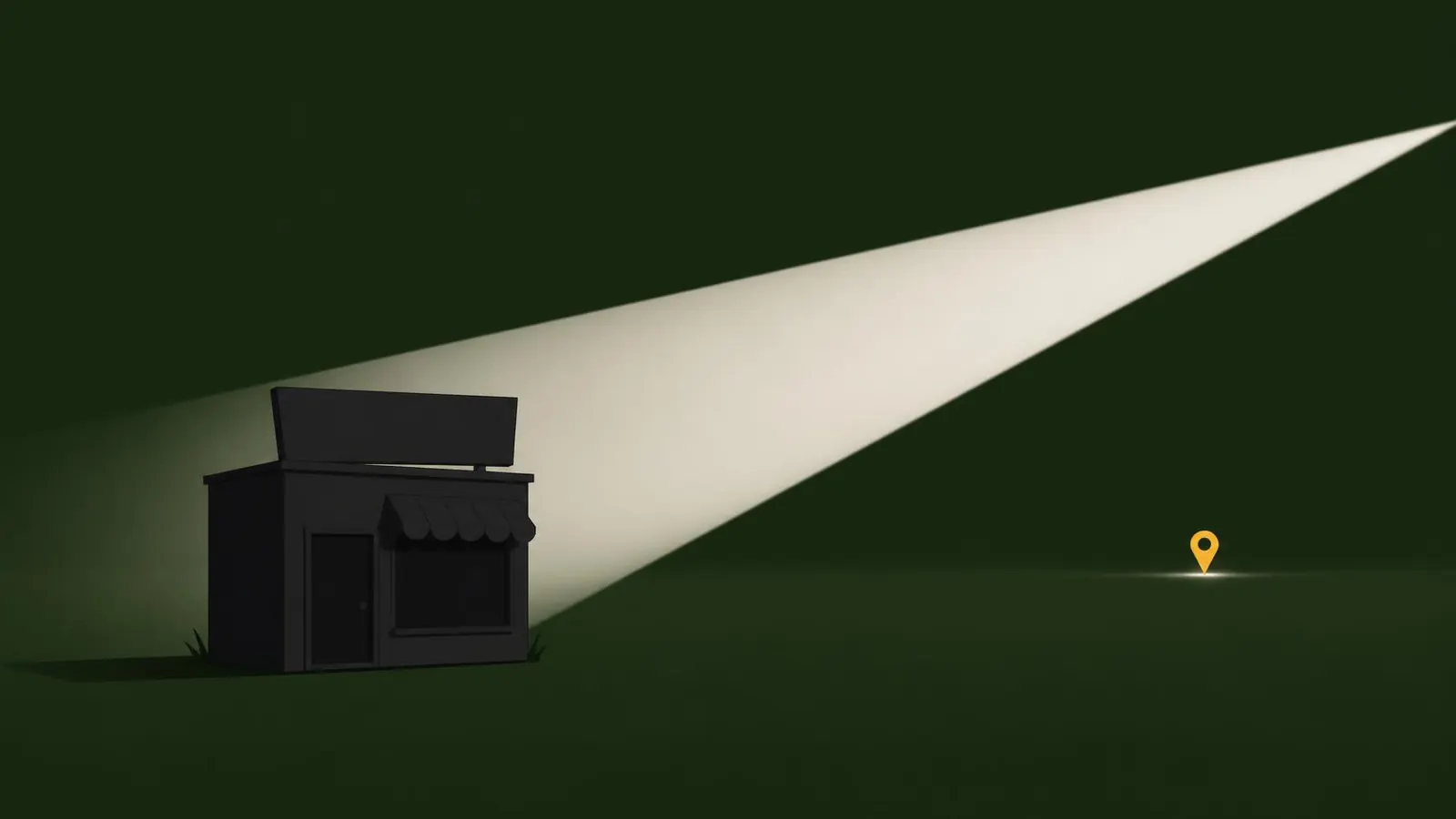 Illustration of a lonely abandoned storefront with a blank tilted sign while a search beam sweeps past it and lands on a distant gold pin