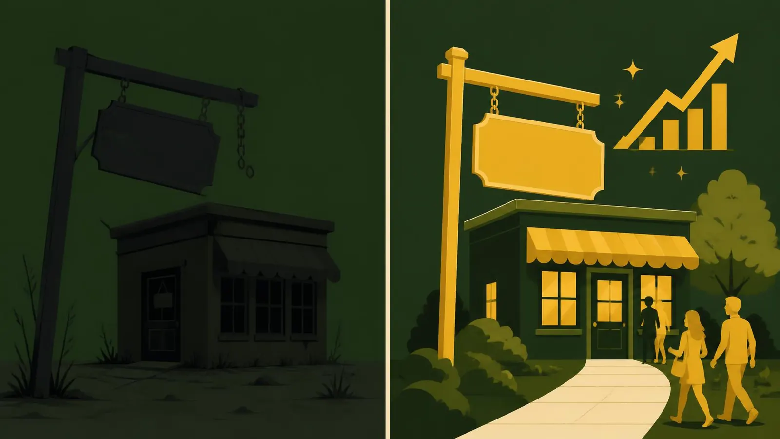 Illustration comparing an abandoned crooked storefront on the left with an upright thriving storefront on the right, whose gold sign and clean pathway draw customers in