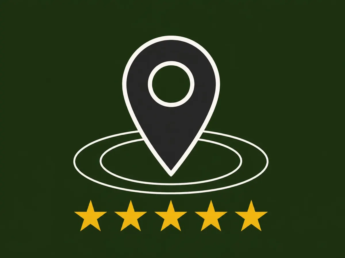 Illustration of a gold map pin above five gold stars, showing a top-rated Google Business Profile listing