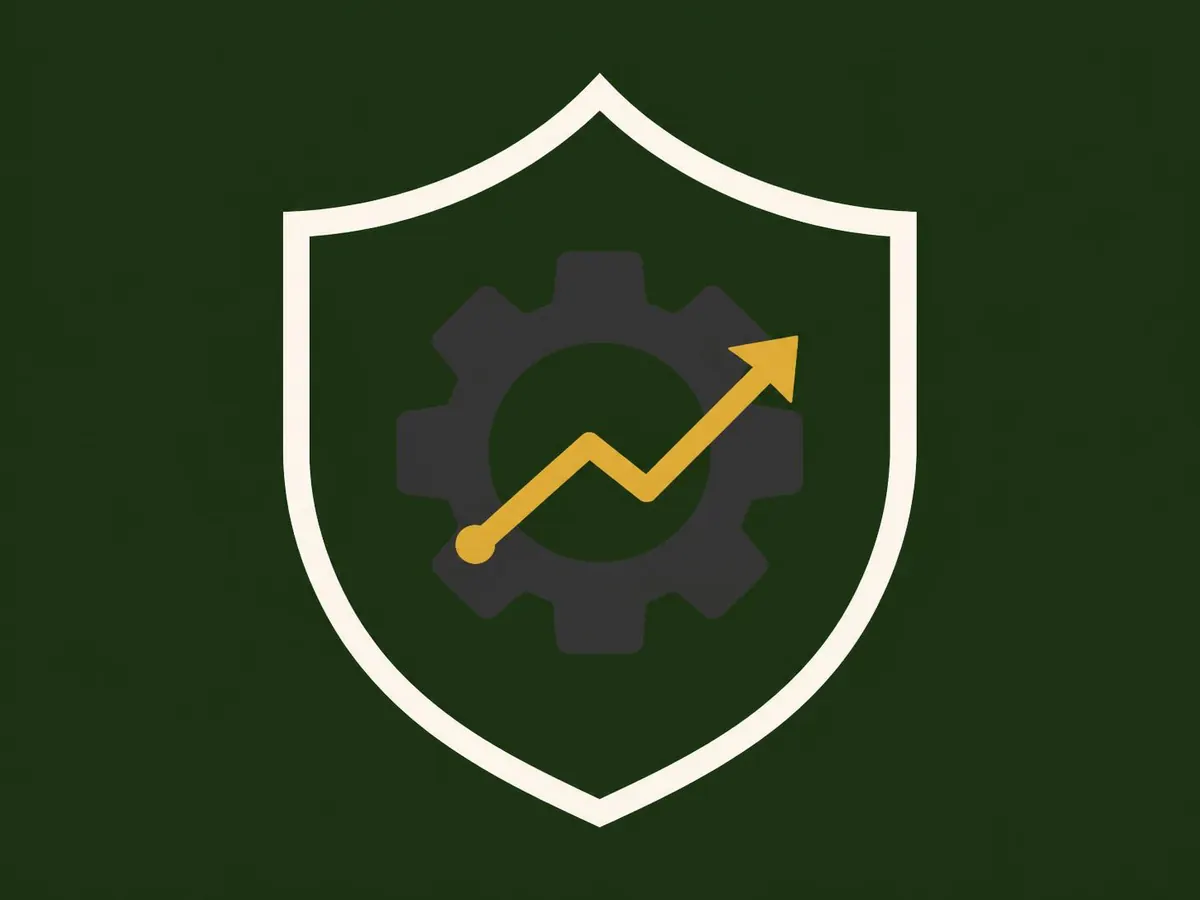 Illustration of a shield containing a gear and an upward gold trend line, representing ongoing website care