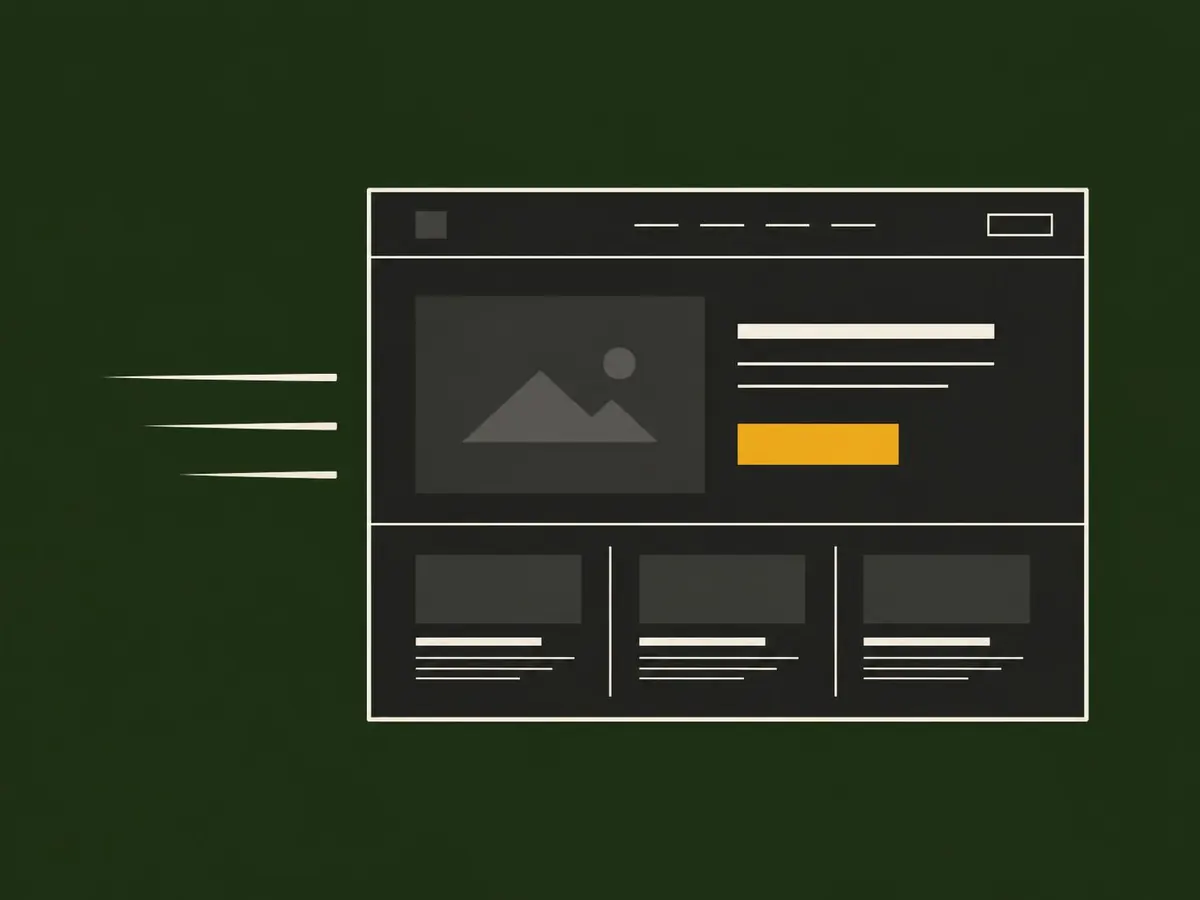 Illustration of a website wireframe with a gold call-to-action button and speed lines showing an instant load
